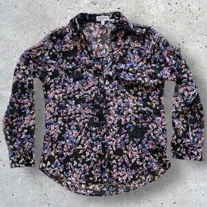 EXPRESS PORTOFINO Button Up Black Sheer Floral Print Top Roll Tab Sleeves Sz S/P